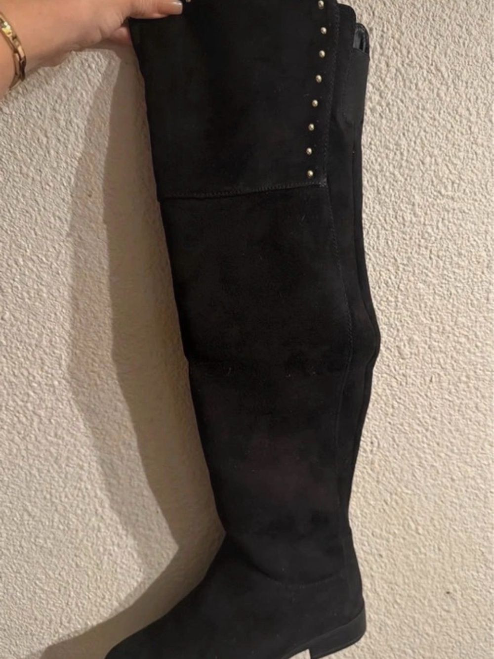 XOXO Black Over-the-Knee Suede Boots with Gold Stud Accents